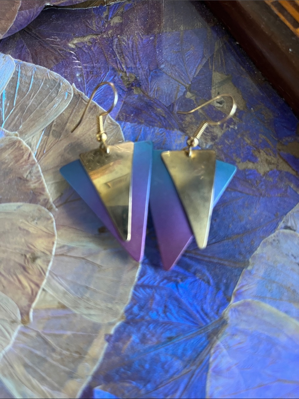Iridescent Gold metal Blue-Purple Triangle Drop French hook Earrings